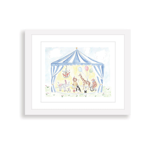 Blue Circus Animals Watercolor Art Print