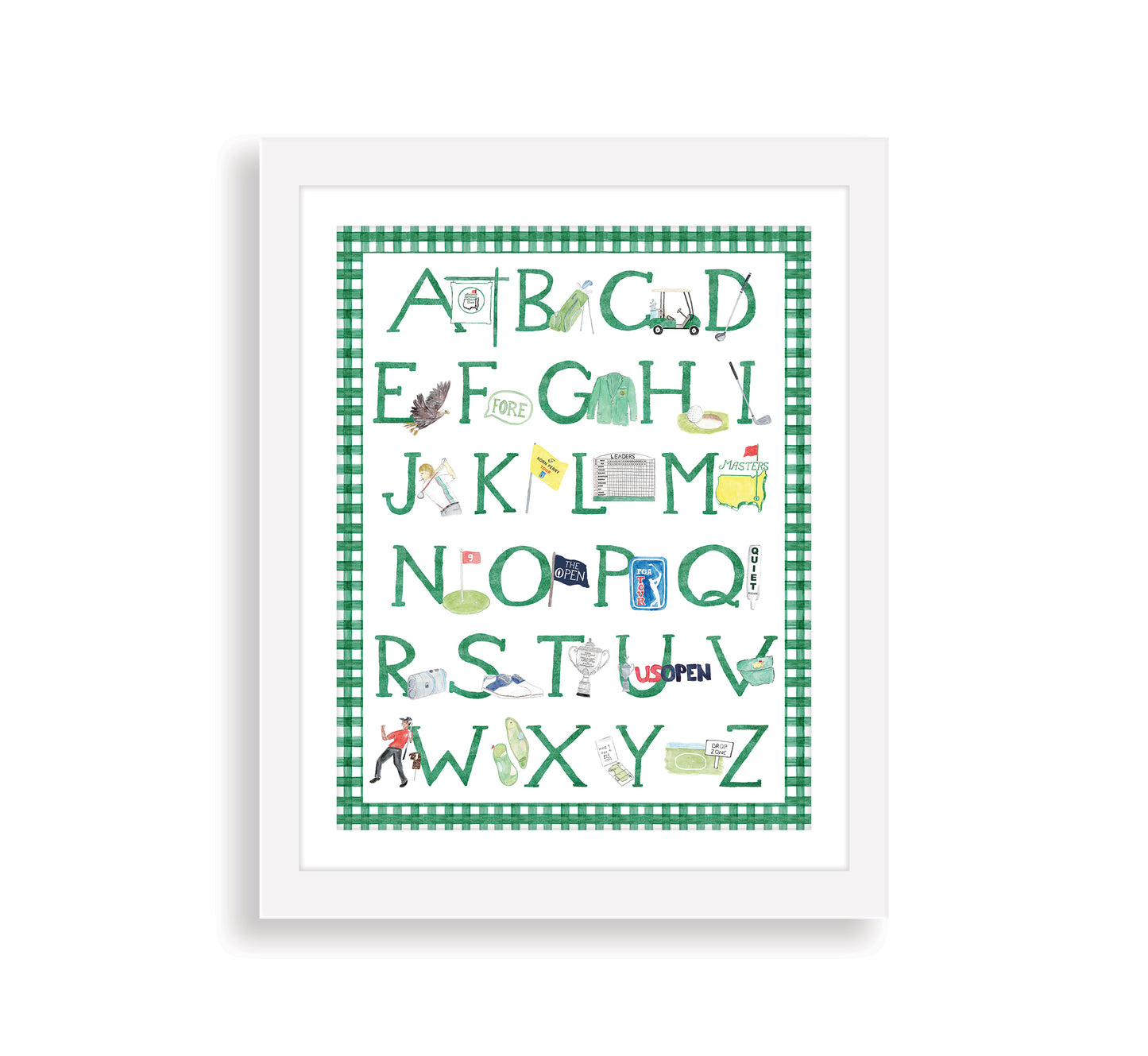 Green "ABCs of Golf" Alphabet Print – Watercolor Golf Nursery Wall Art for Baby
