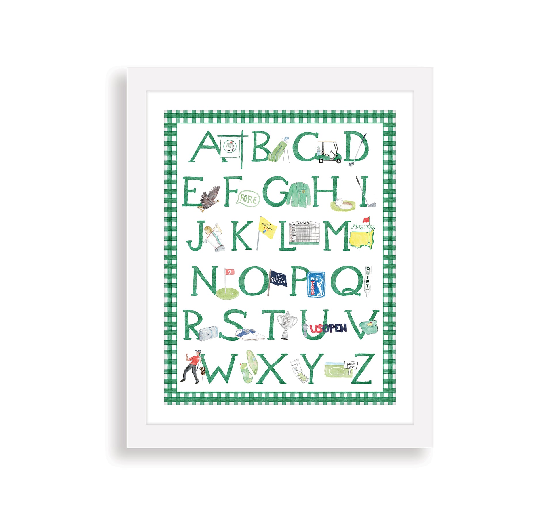 Green "ABCs of Golf" Alphabet Print – Watercolor Golf Nursery Wall Art for Baby