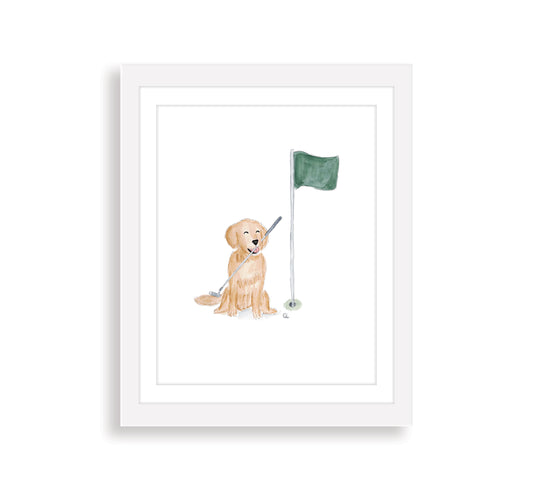 Golden Retriever Dog with Golf Flag and Putter