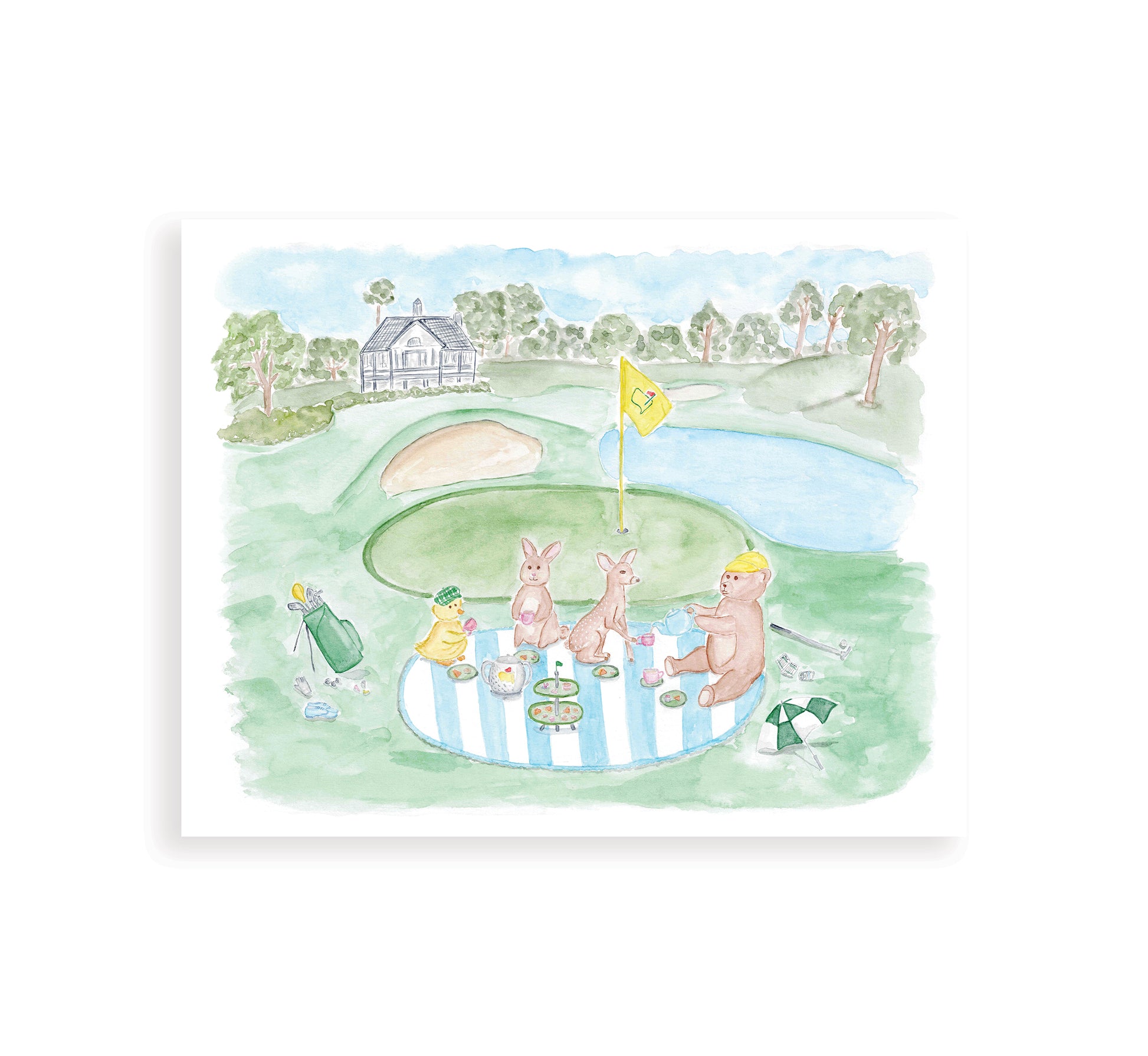 A watercolor art print depicting a whimsical scene with baby animals playing golf on a golf course. The print is in soft pastel colors.