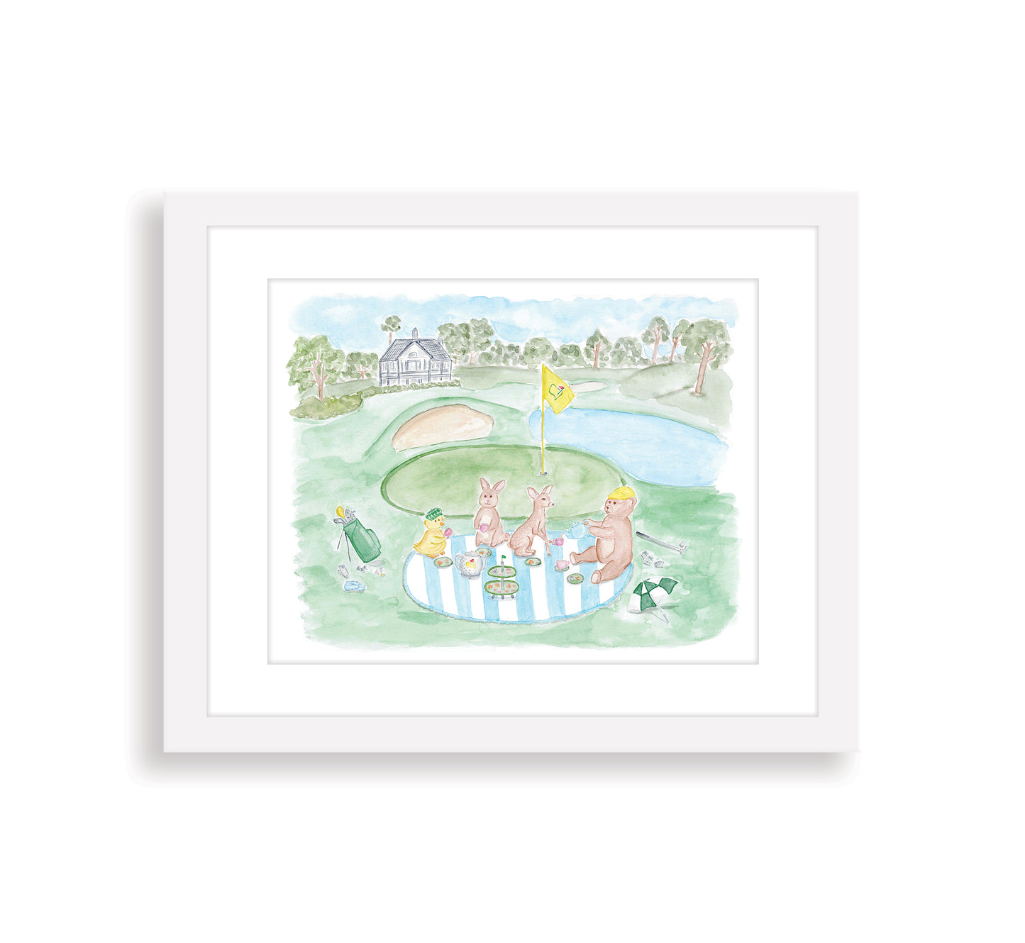 A watercolor art print of a whimsical scene with baby animals playing golf on a golf course. The print is in soft pastel colors and has a white frame.