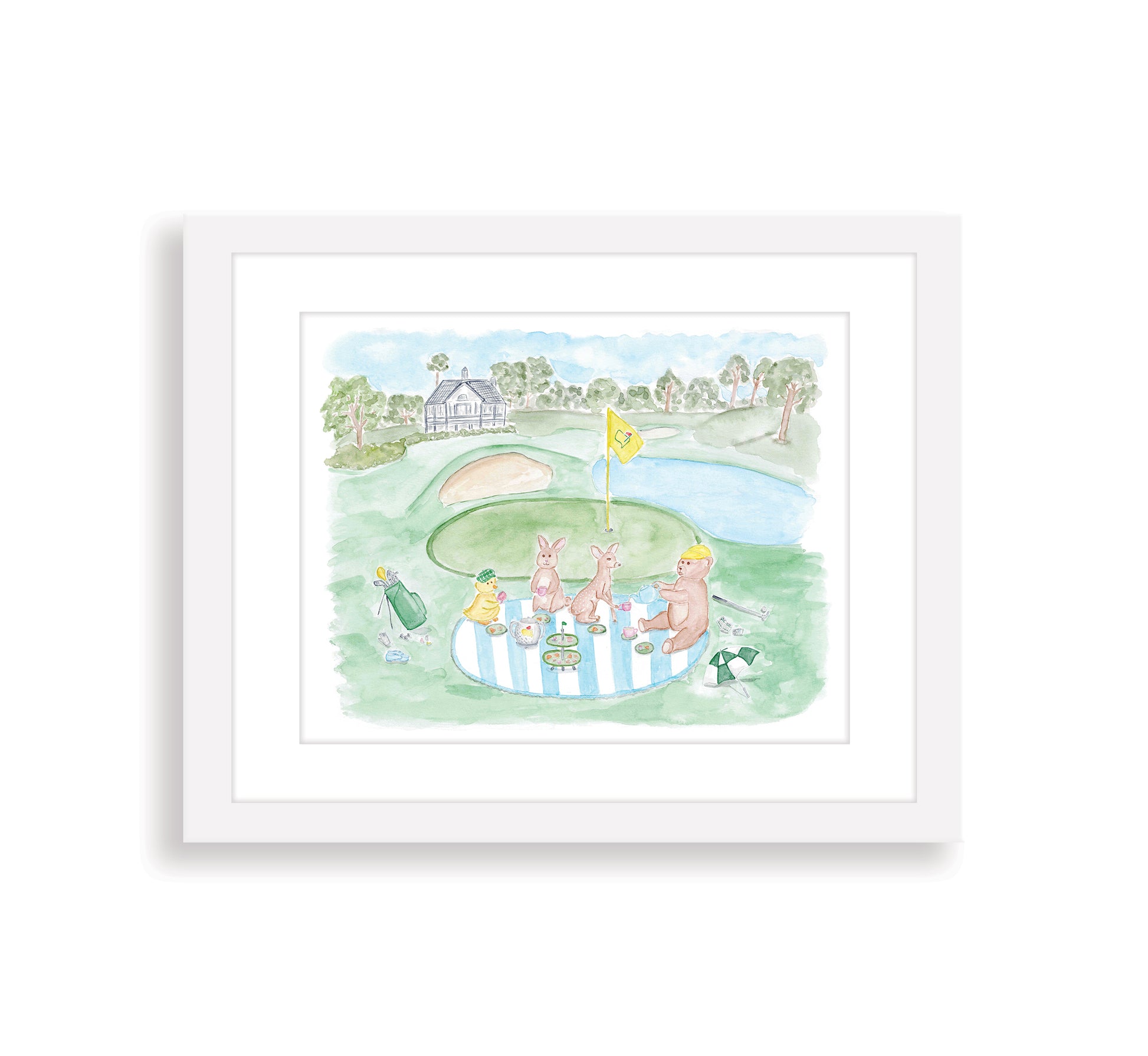 A watercolor art print of a whimsical scene with baby animals playing golf on a golf course. The print is in soft pastel colors and has a white frame.