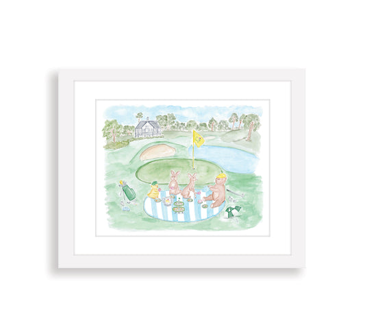 A watercolor art print of a whimsical scene with baby animals playing golf on a golf course. The print is in soft pastel colors and has a white frame.