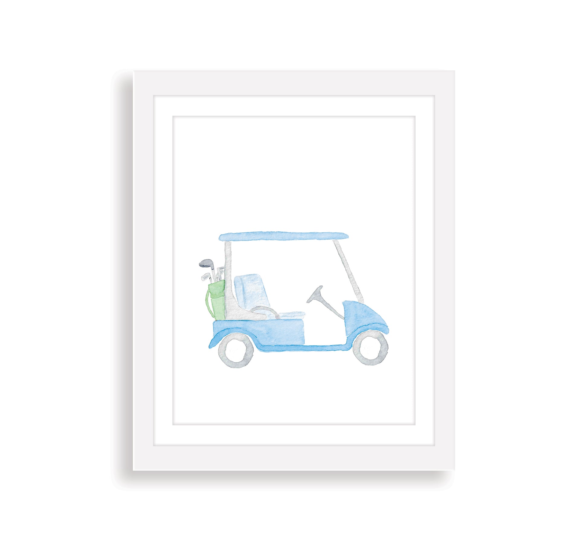 light blue golf cart art print in a white frame