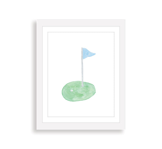 light blue golf flag art print in a white frame