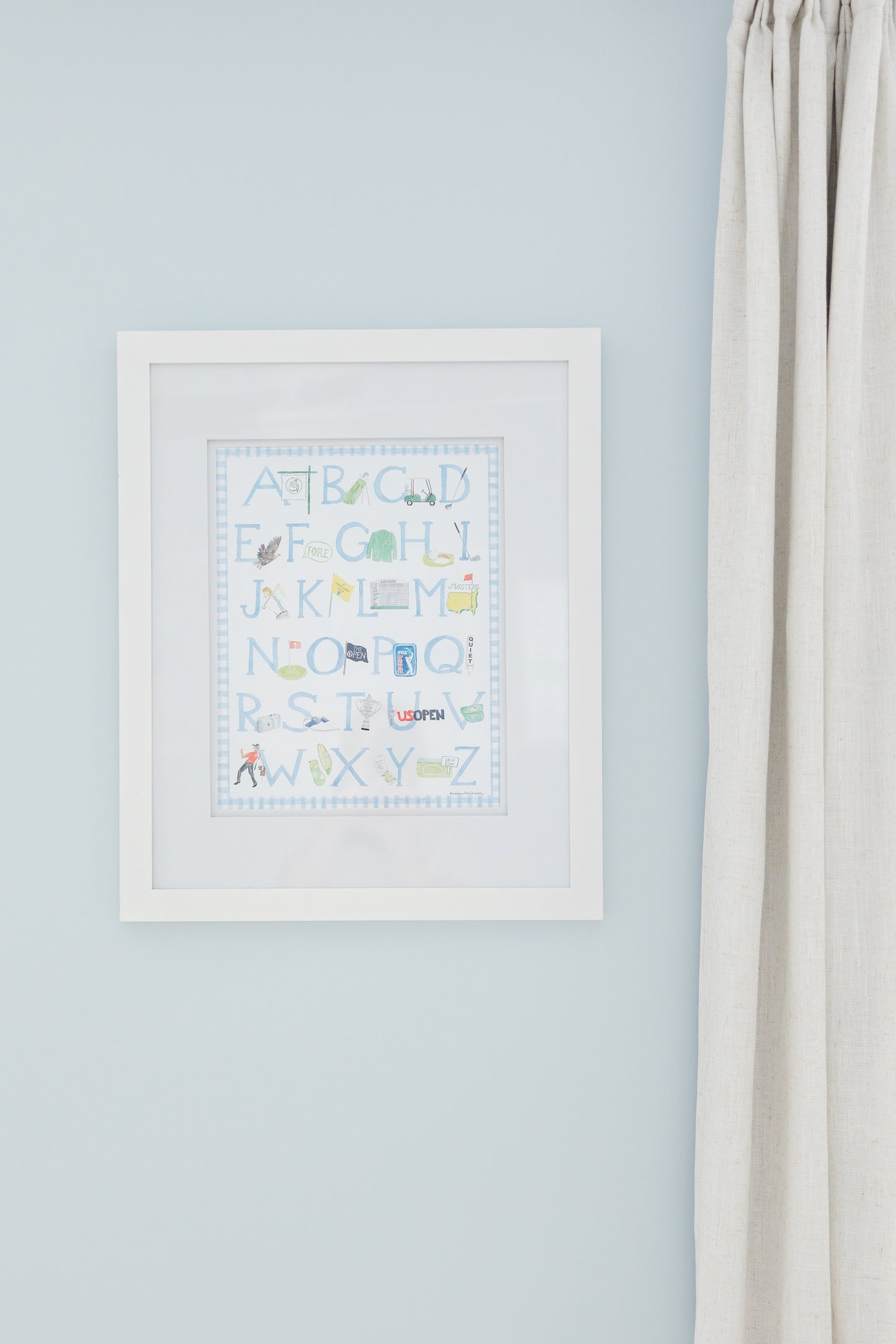 golf abcs nursery alphabet in white picture frame