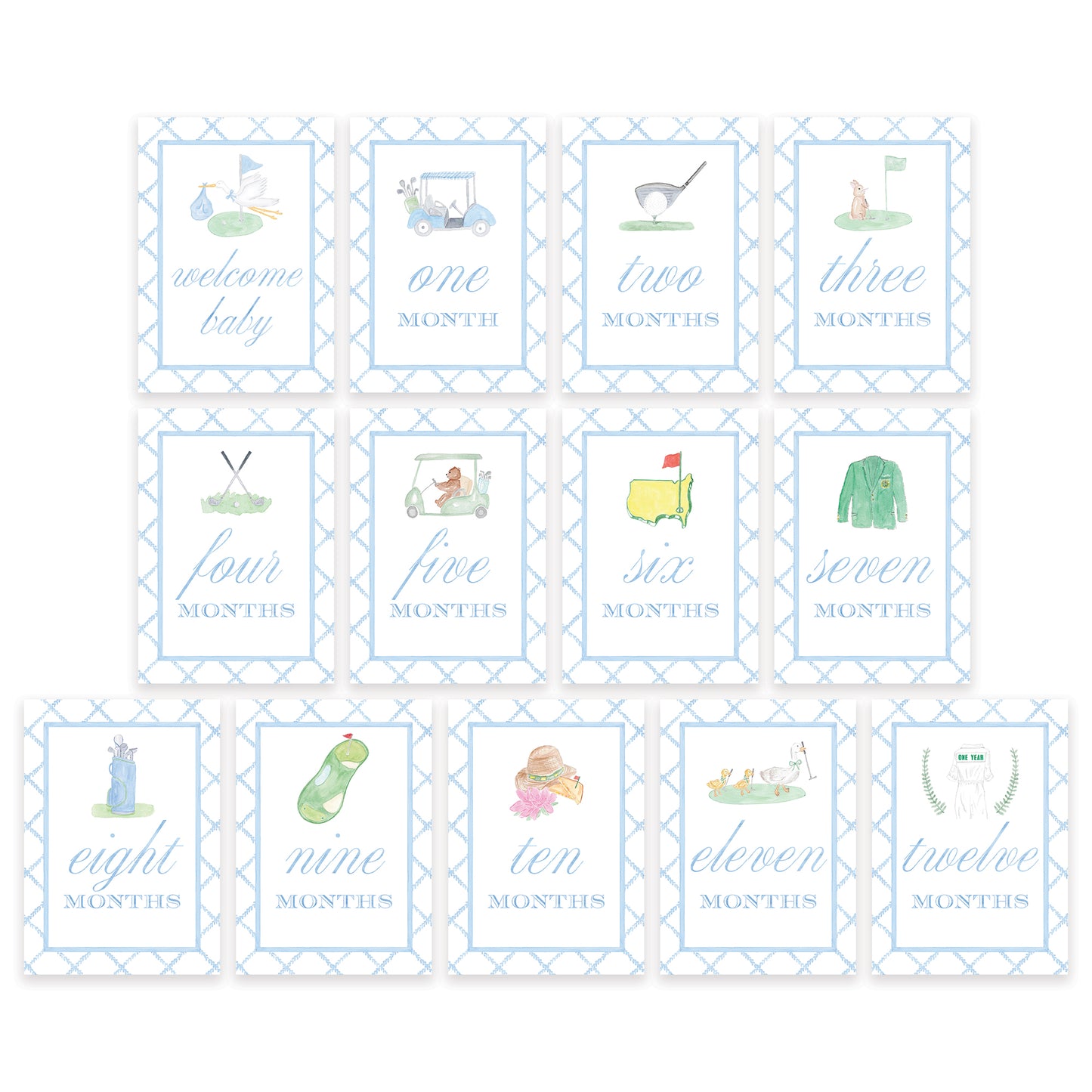 Golf-Themed Baby Monthly Milestone Cards - Watercolor Monthly Milestone Set for Babies