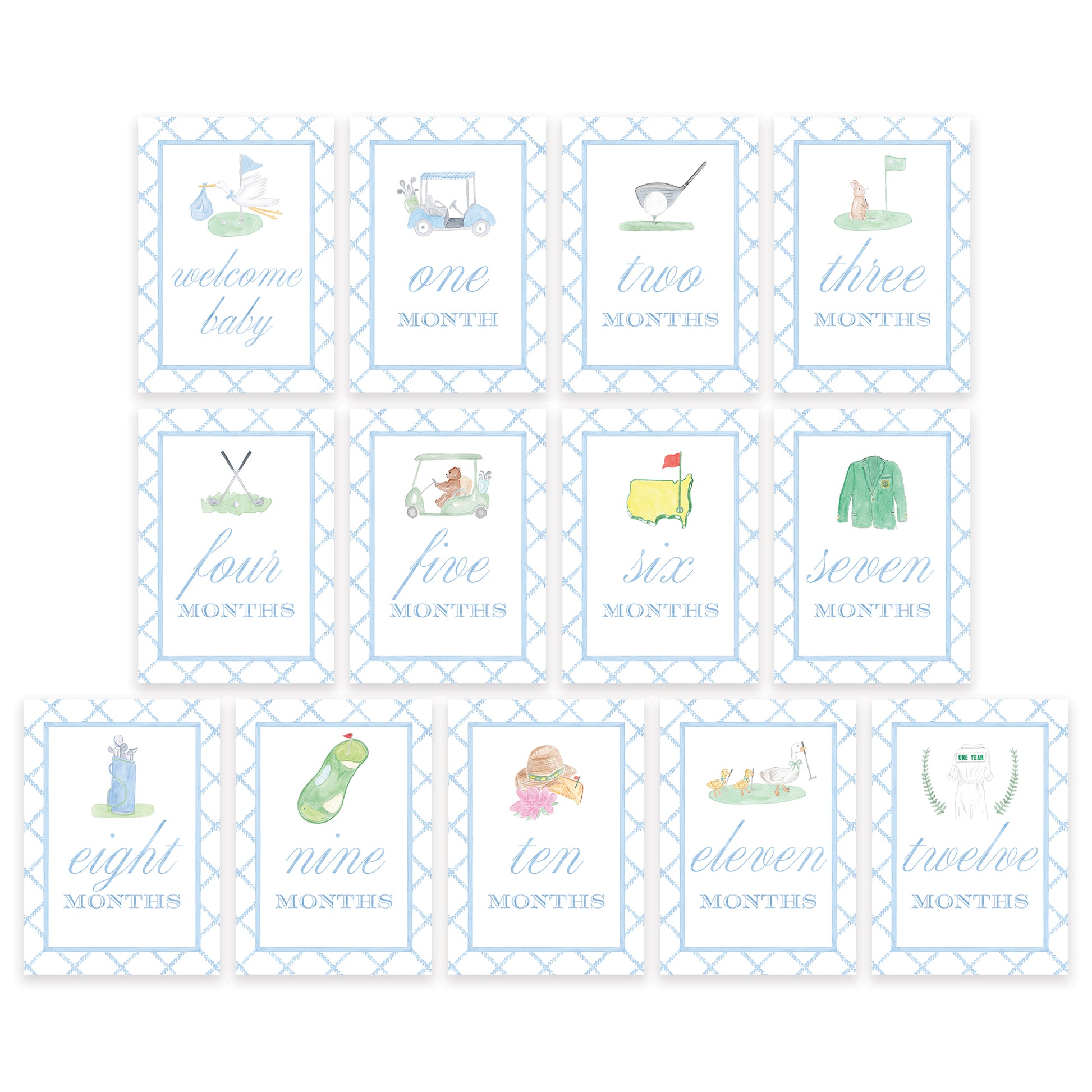 Golf-Themed Baby Monthly Milestone Cards - Watercolor Monthly Milestone Set for Babies
