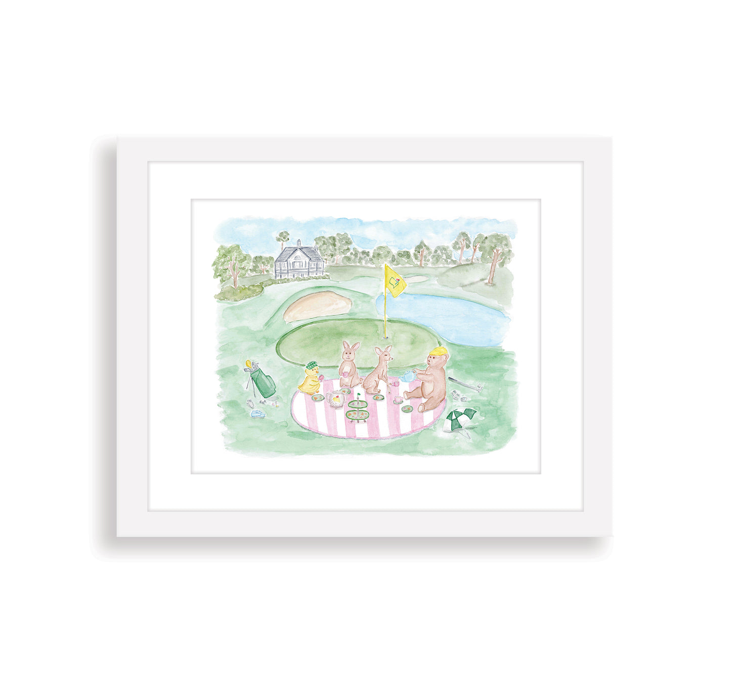 golfing animals on pink picnic blanket nursery print