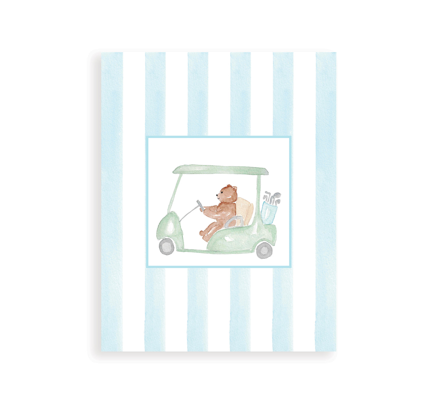 Watercolor art print of a golfing bear with a blue striped background.
