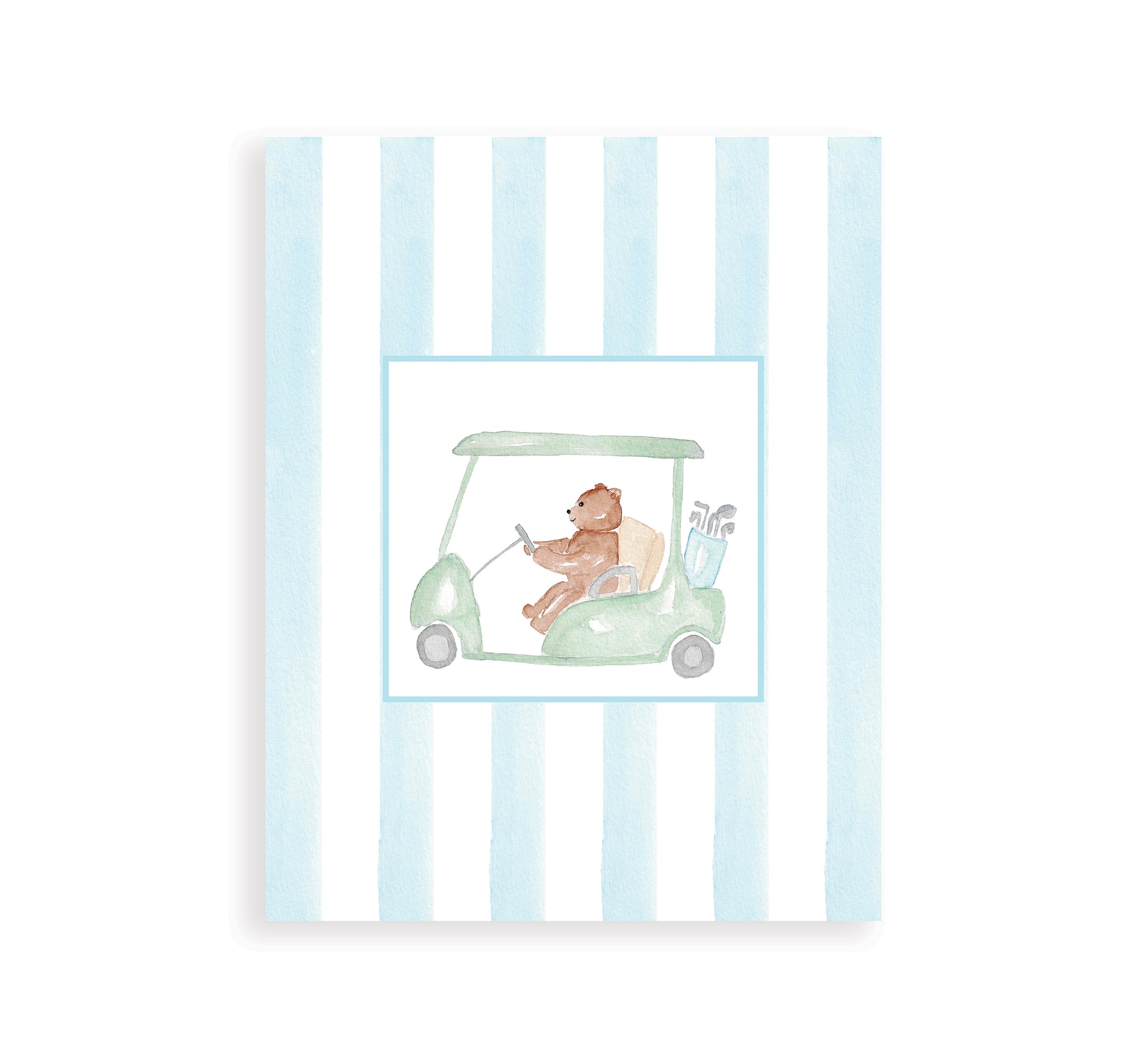 Watercolor art print of a golfing bear with a blue striped background.