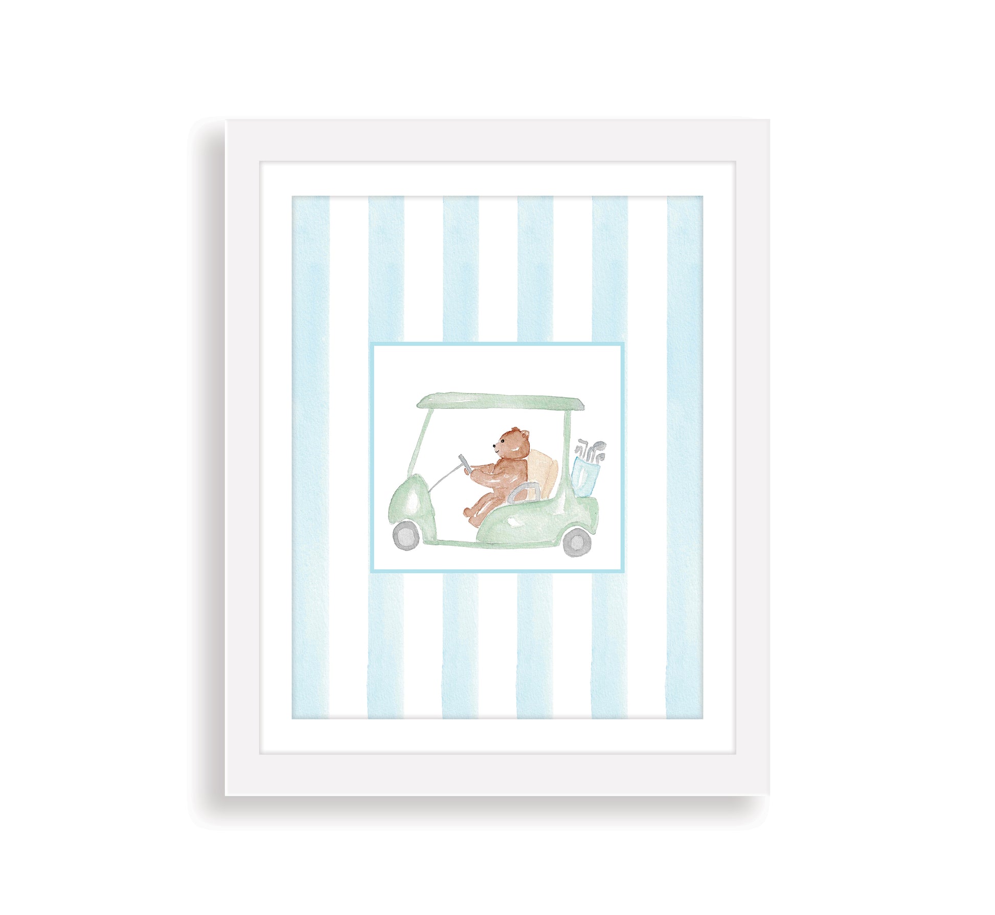 Watercolor art print of a bear in a golf cart, with blue striped background and a white frame.