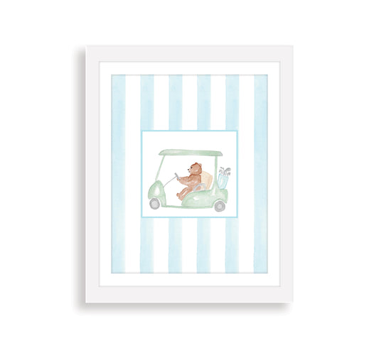 Watercolor art print of a bear in a golf cart, with blue striped background and a white frame.