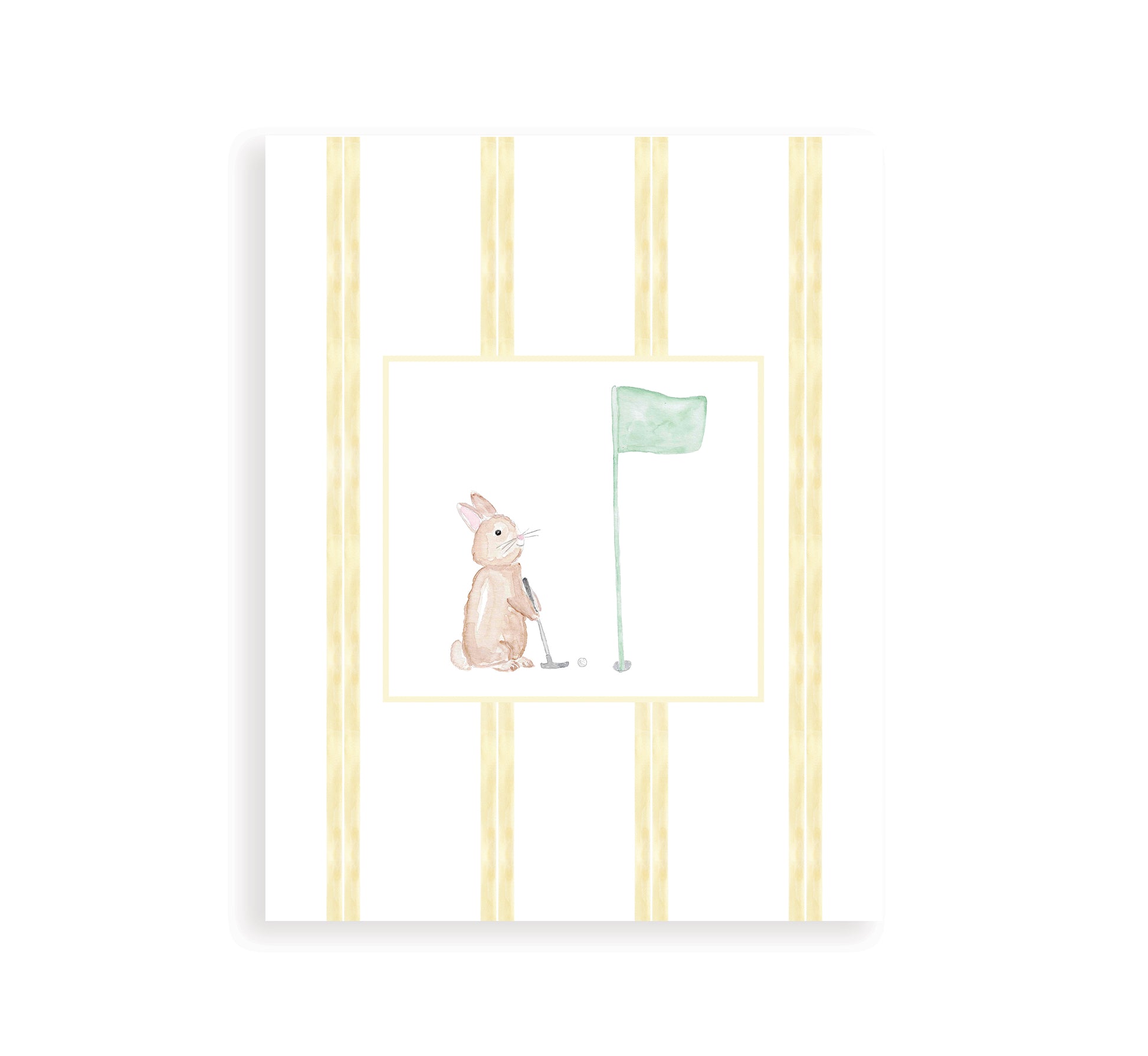 Watercolor art print of a golfing bunny rabbit with a striped background.