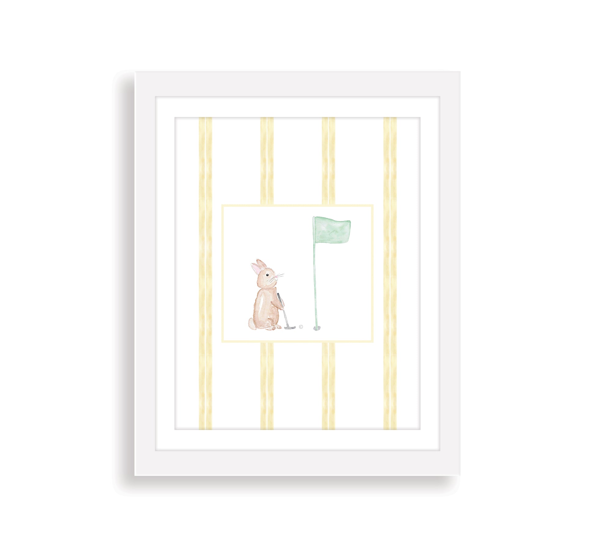 A framed watercolor art print of a golfing bunny rabbit with a striped background, presented in a white frame.
