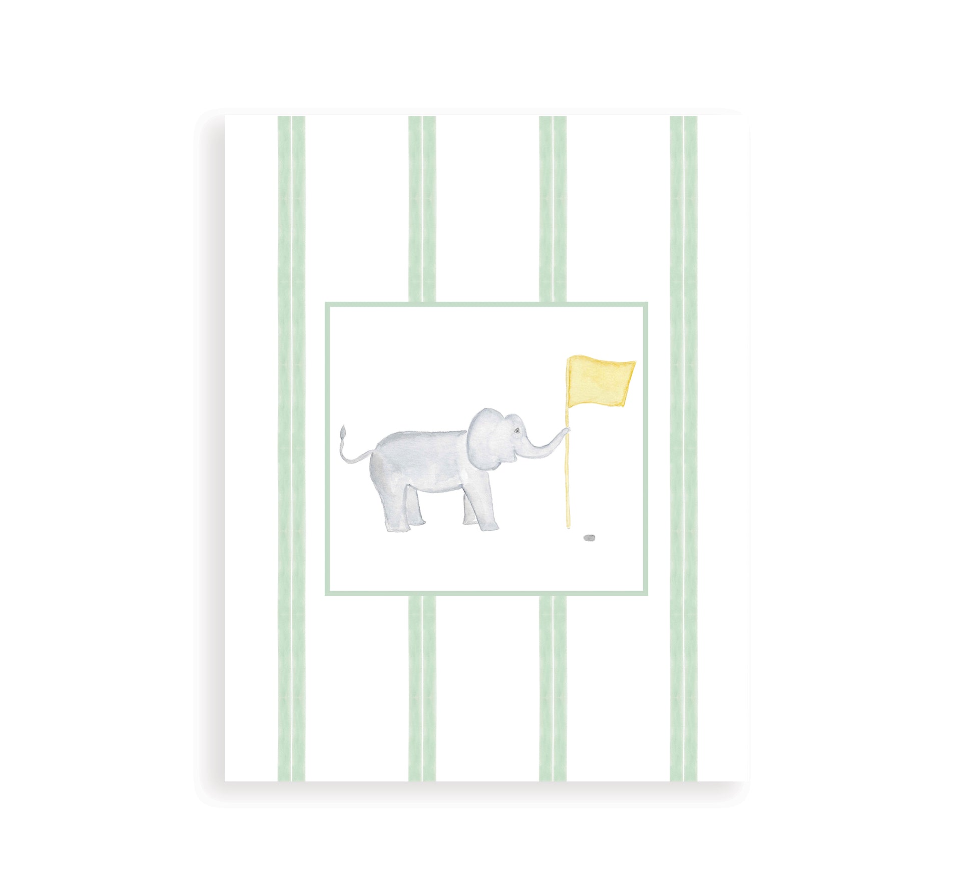 Watercolor art print of a golfing elephant with a green striped background.