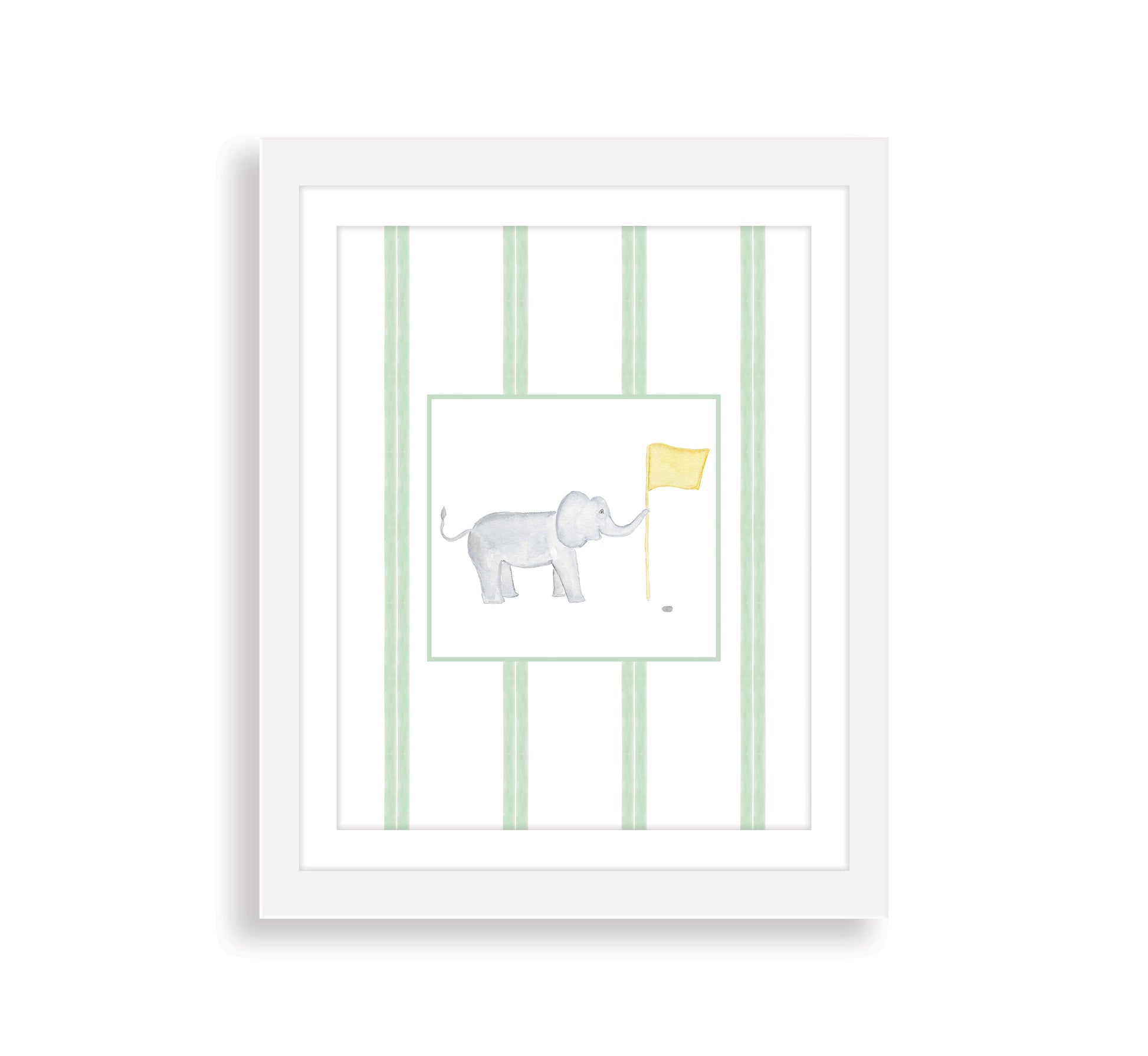 Watercolor art print of an elephant holding a yellow golf flag, with vertical green stripes in the background in a white frame.