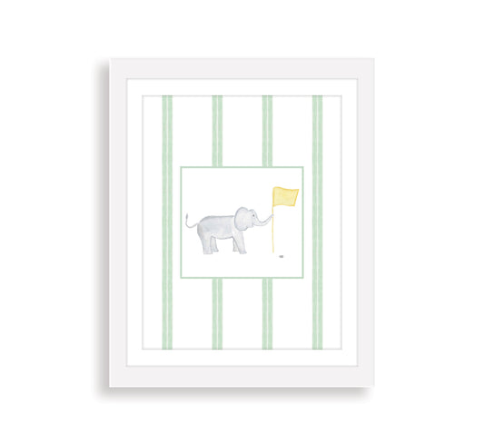 Watercolor art print of an elephant holding a yellow golf flag, with vertical green stripes in the background in a white frame.