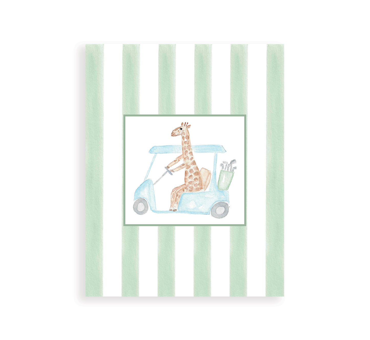Watercolor art print of a giraffe riding in a golf cart, with vertical green stripes in the background.