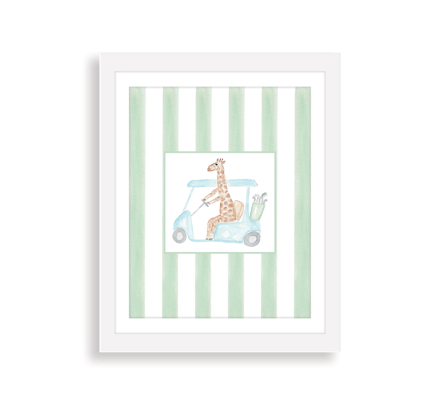 Watercolor art print of a giraffe riding in a golf cart, with vertical green stripes in the background in a white frame.