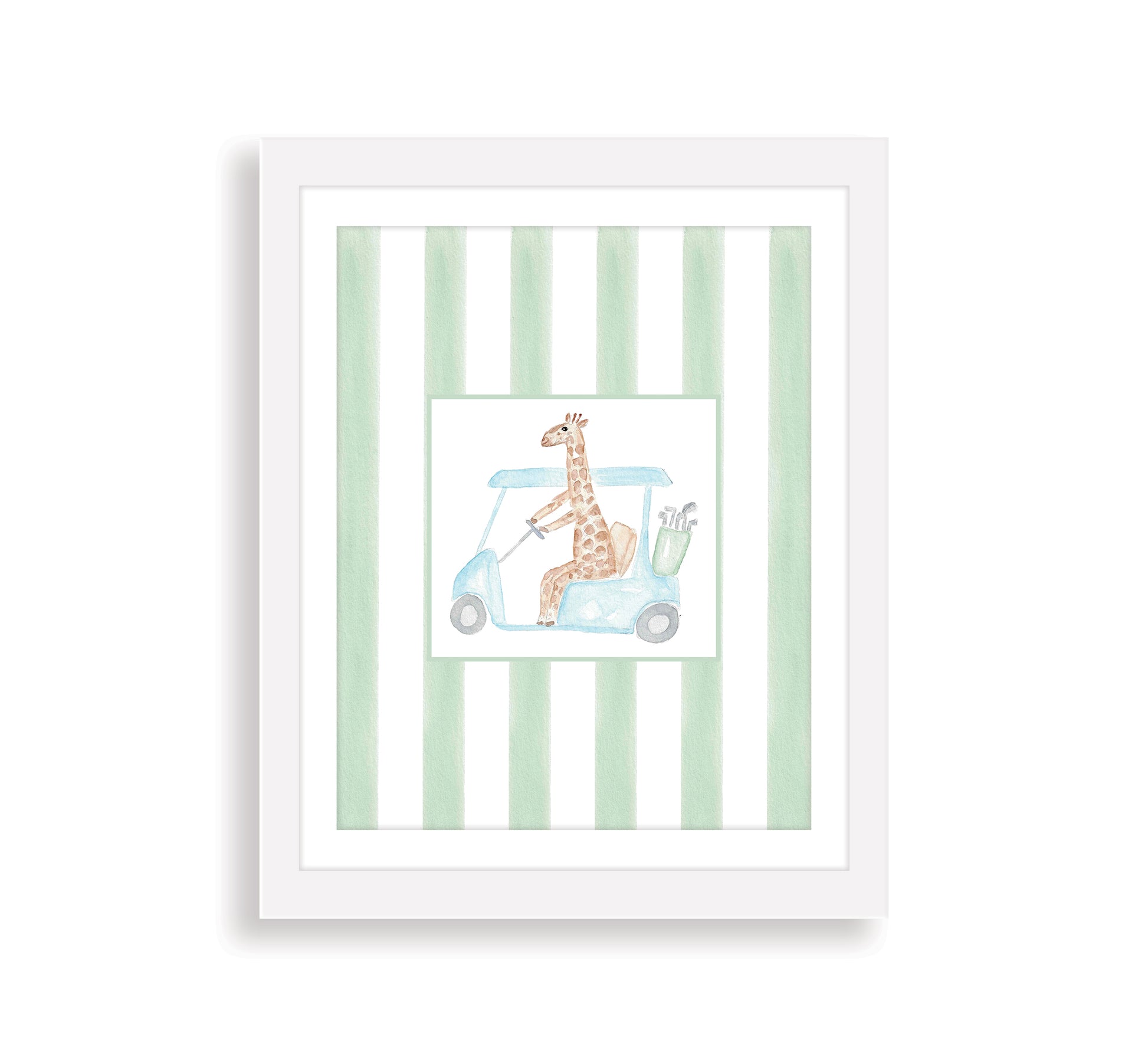 Watercolor art print of a giraffe riding in a golf cart, with vertical green stripes in the background in a white frame.