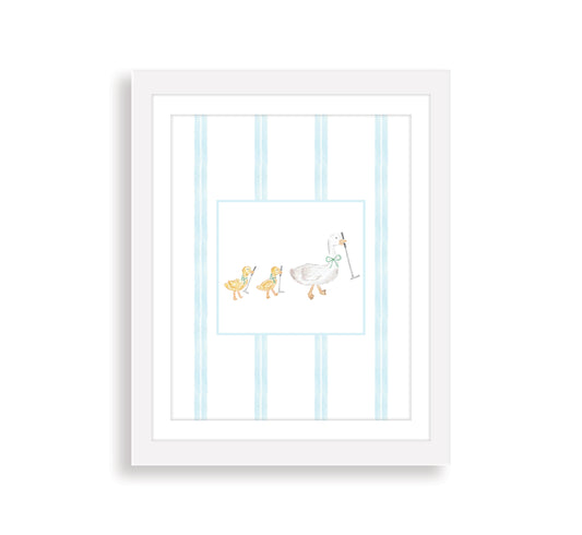 golfing mother and baby goose with blue stripes in a white frame