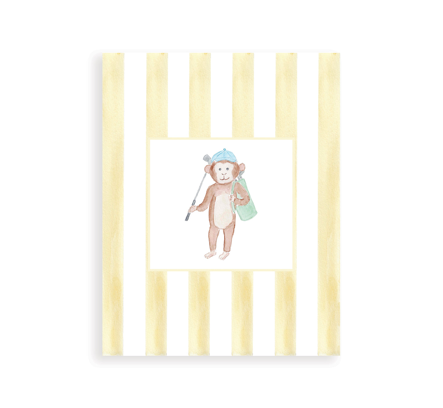 watercolor golfing monkey with preppy yellow striped background mockup