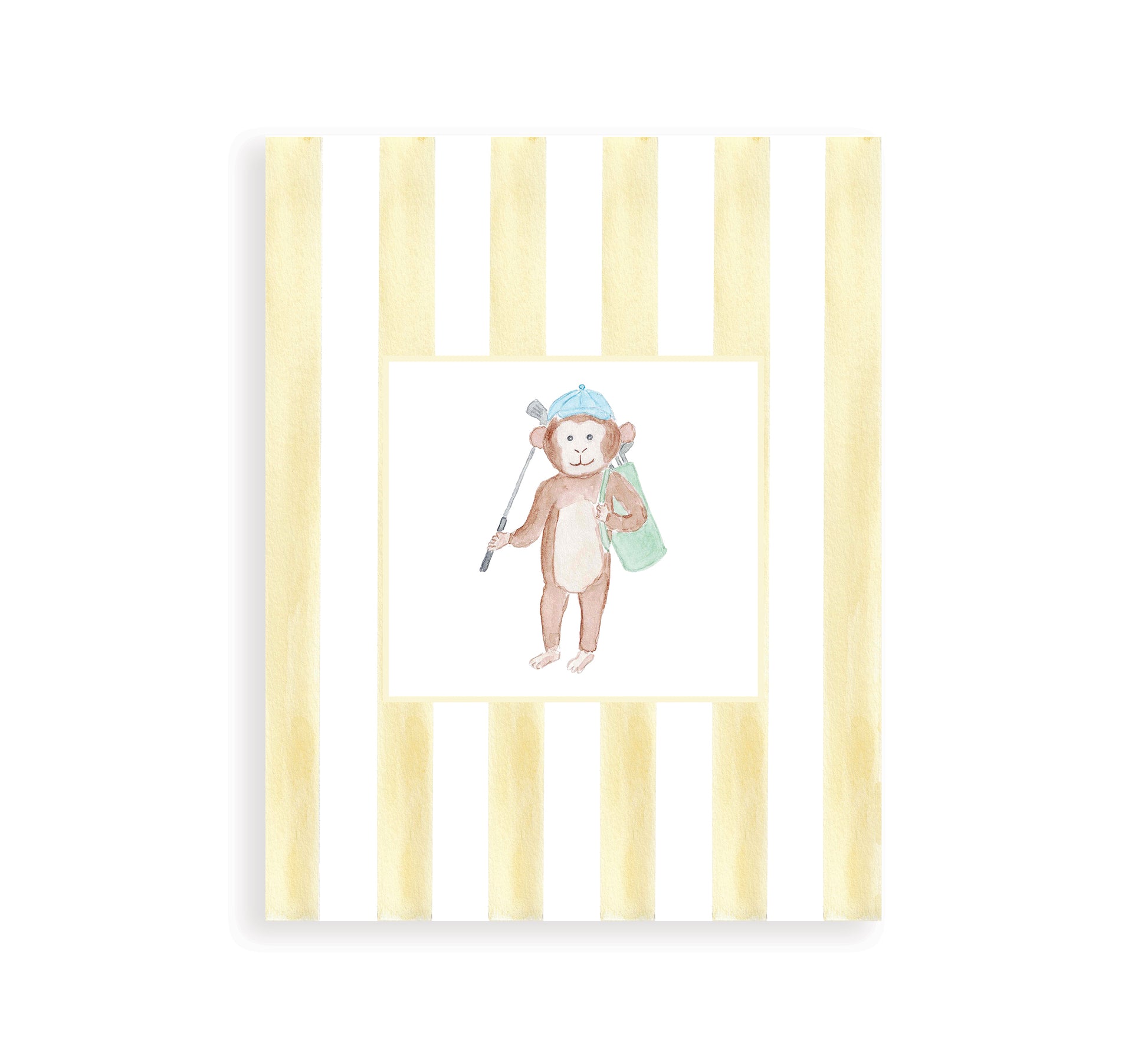 watercolor golfing monkey with preppy yellow striped background mockup
