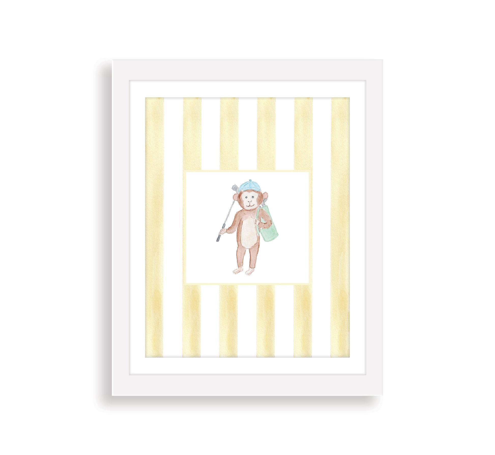 watercolor golfing monkey with preppy yellow striped background