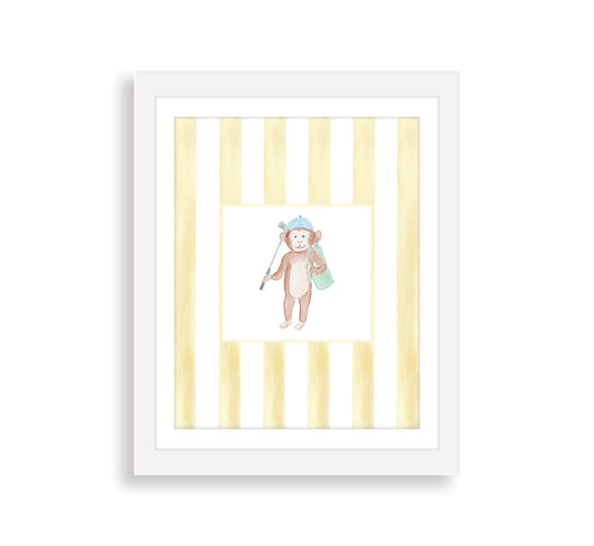 watercolor golfing monkey with preppy yellow striped background