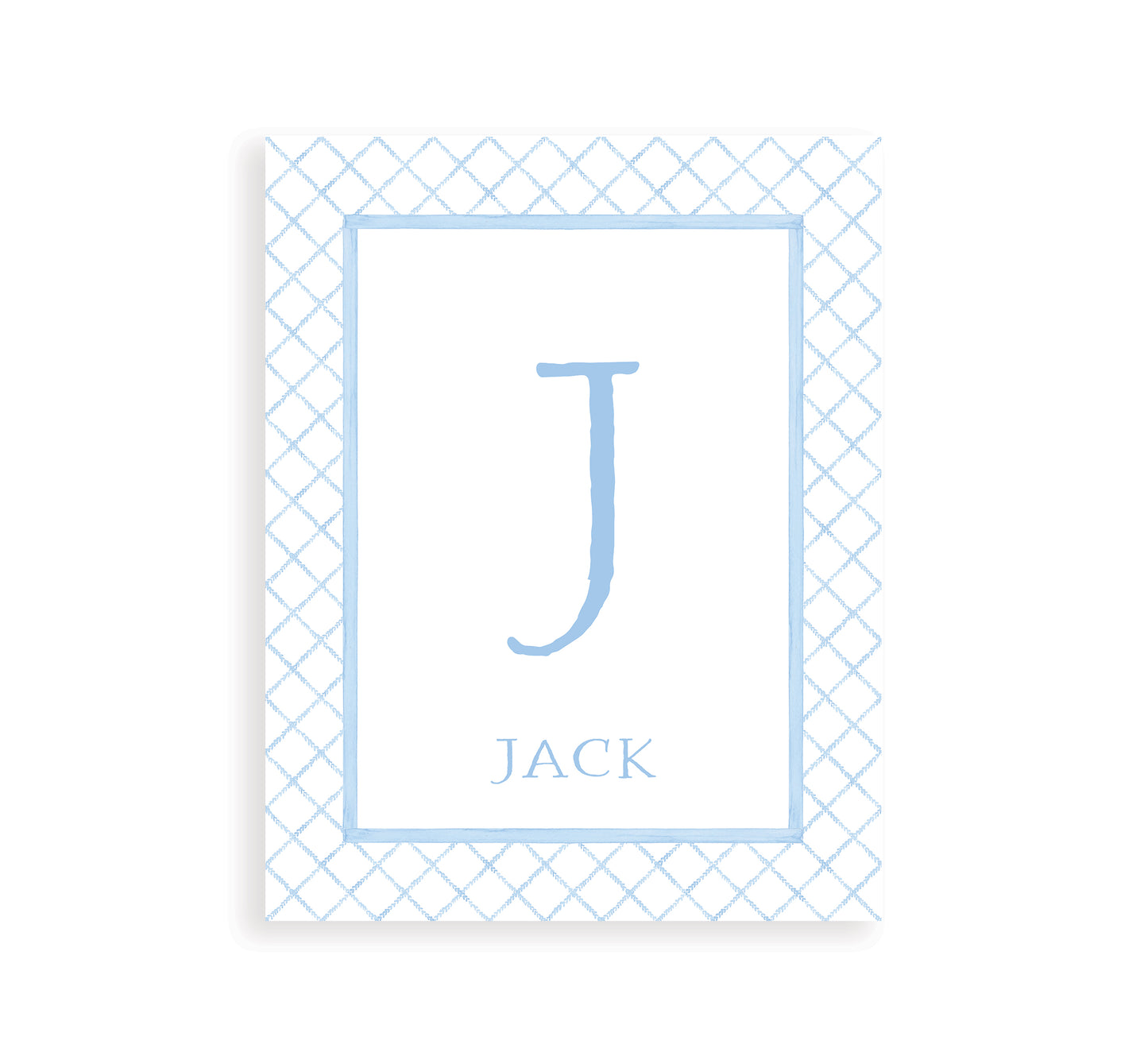 Art print with a blue letter and name on a white background with a preppy blue pattern
