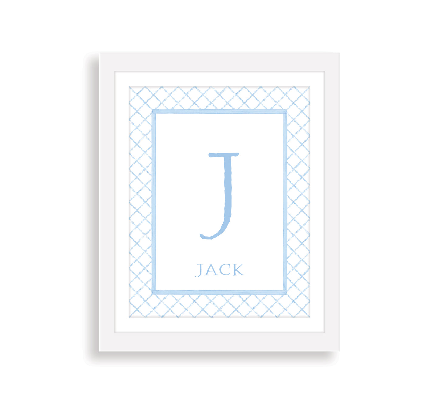 Framed print with a blue letter and name on a white background with a preppy blue pattern