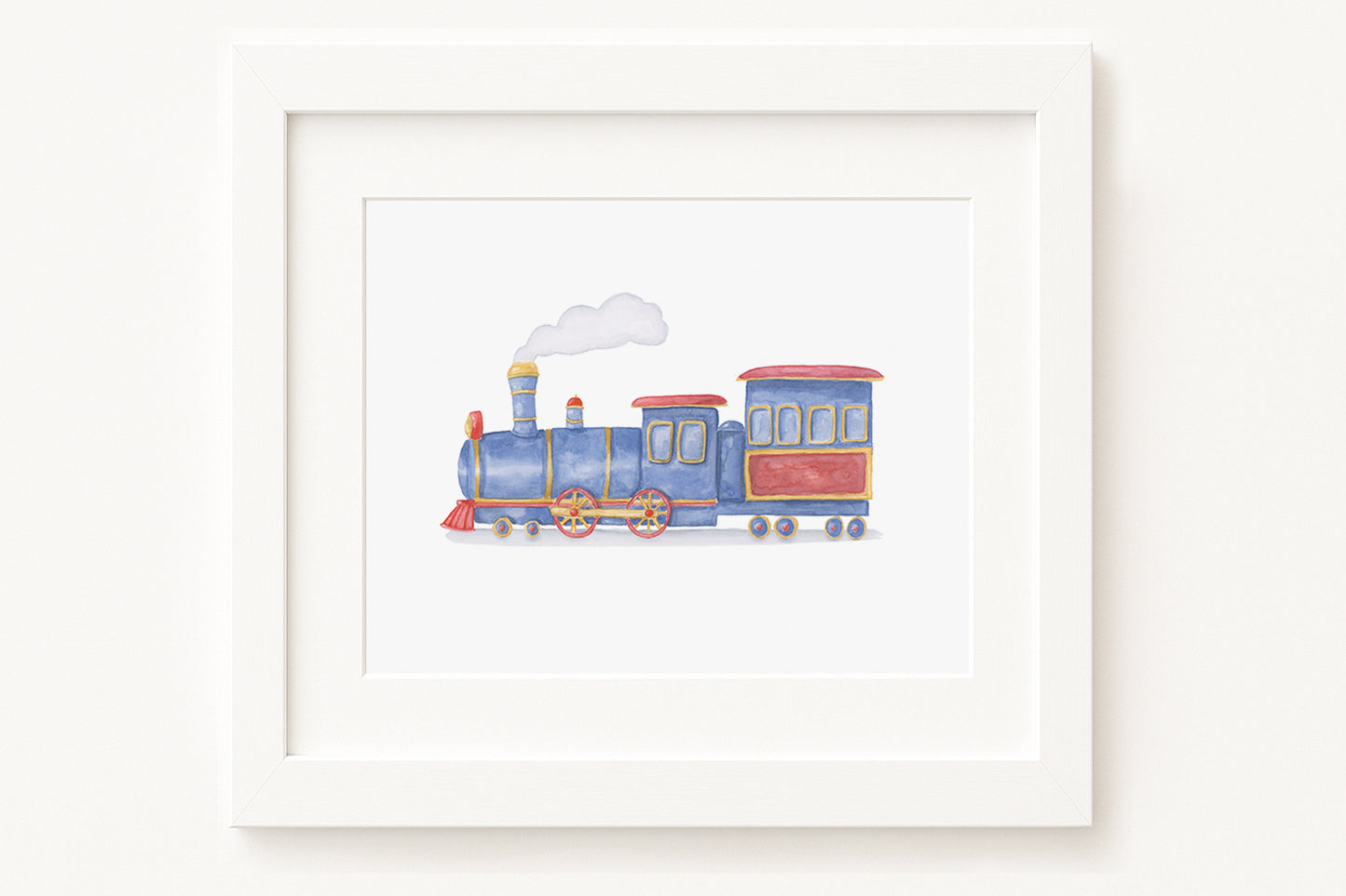 Framed illustration of a colorful train on a white background