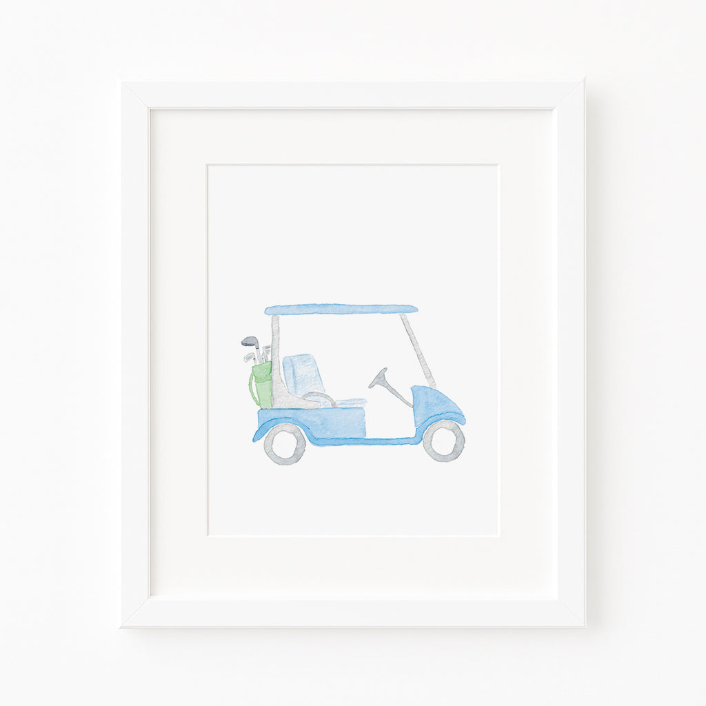 Light Blue Golf Cart, Flag, Tee and Ball Art Print