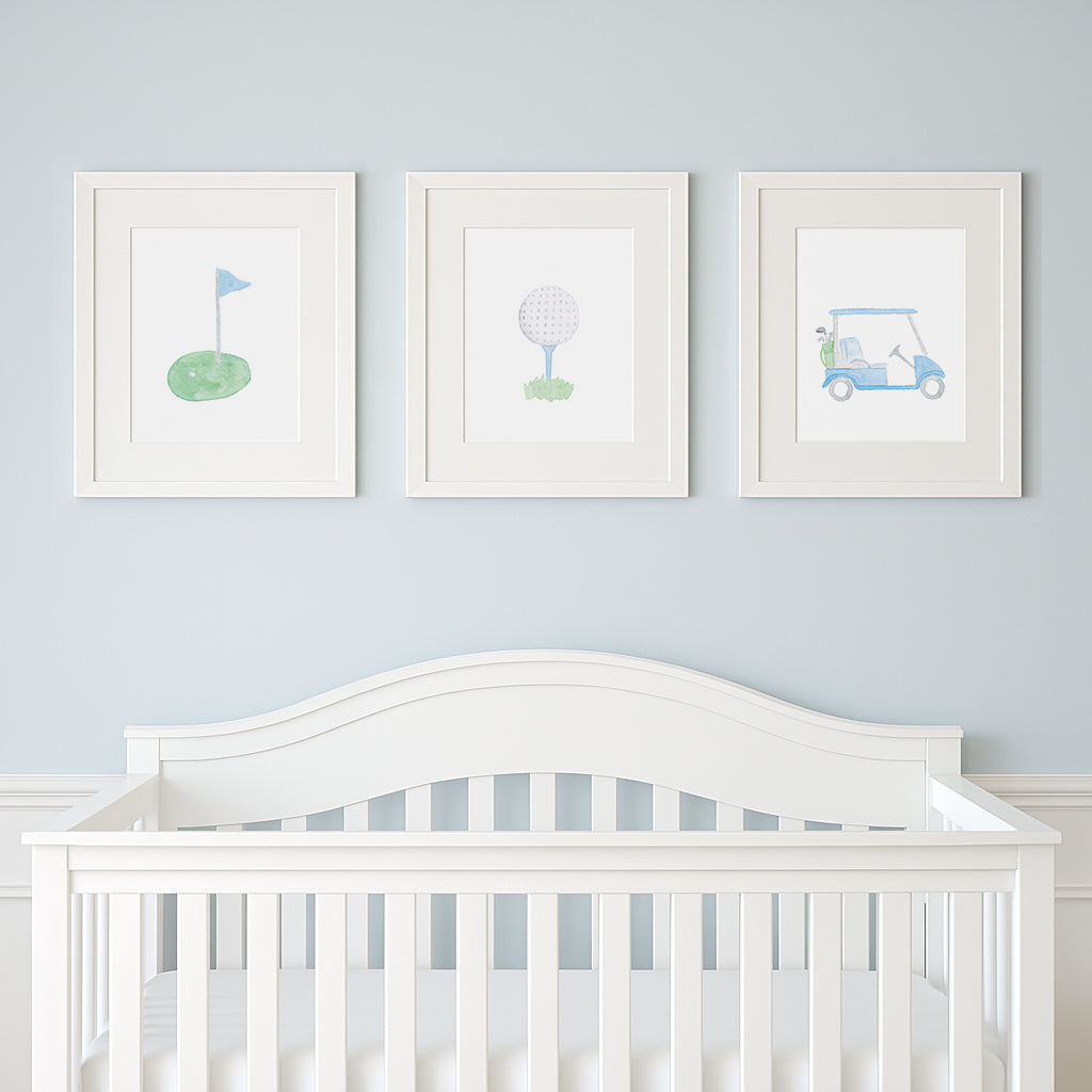 Light Blue Golf Cart, Flag, Tee and Ball Art Print
