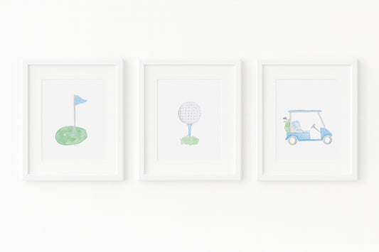 Light Blue Golf Cart, Flag, Tee and Ball Art Print