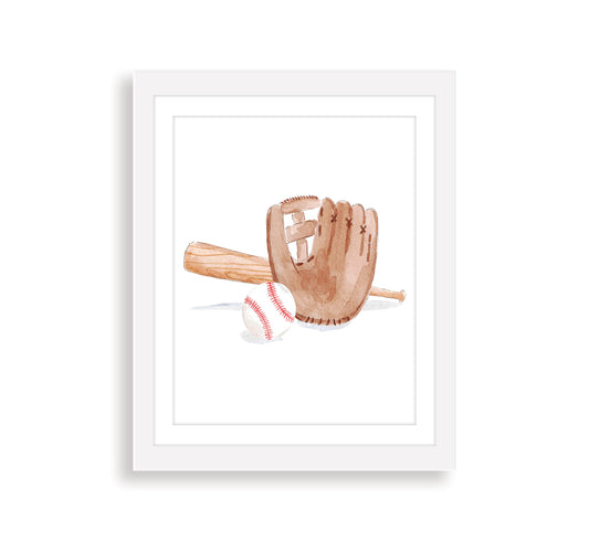 Baseball, Glove, and Bat Watercolor Art Print