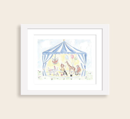 Blue Circus Animals Watercolor Art Print