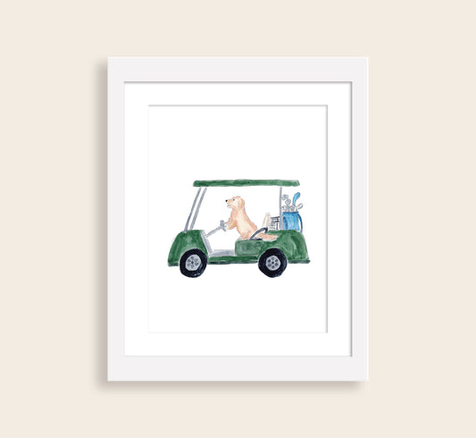 Golden Retriever Dog in Golf Cart