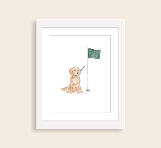 Golden Retriever Dog with Golf Flag and Putter