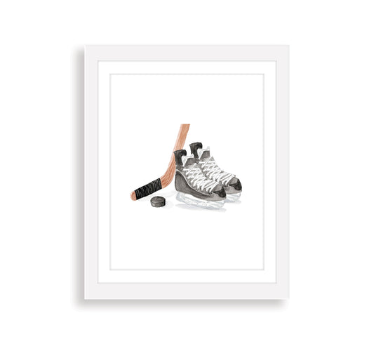 Hockey Skates, Stick, and Puck Watercolor Art Print