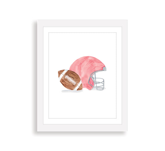 Red Football Helmet and Football Watercolor Art Print