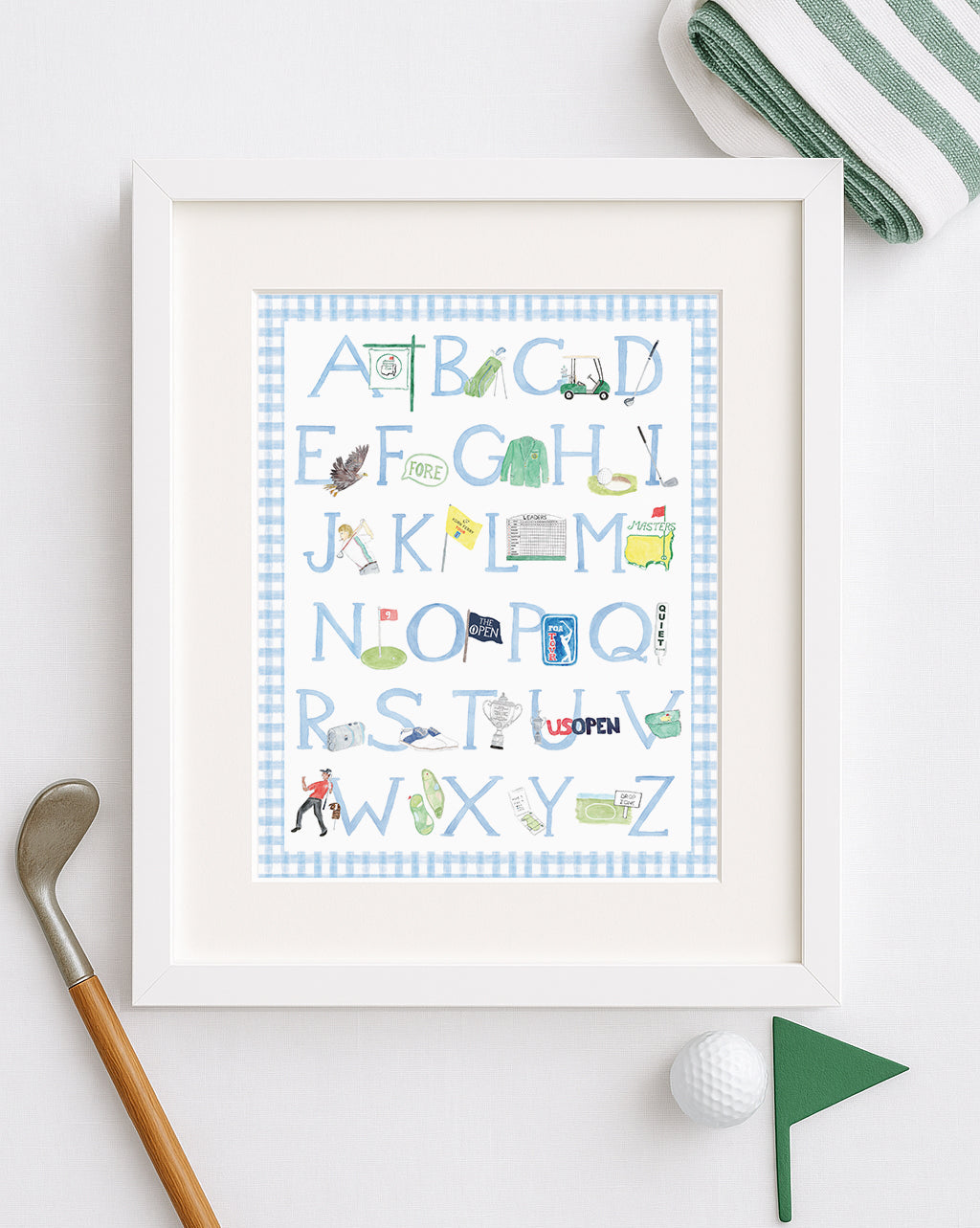 framed blue golf alphabet nursery art print