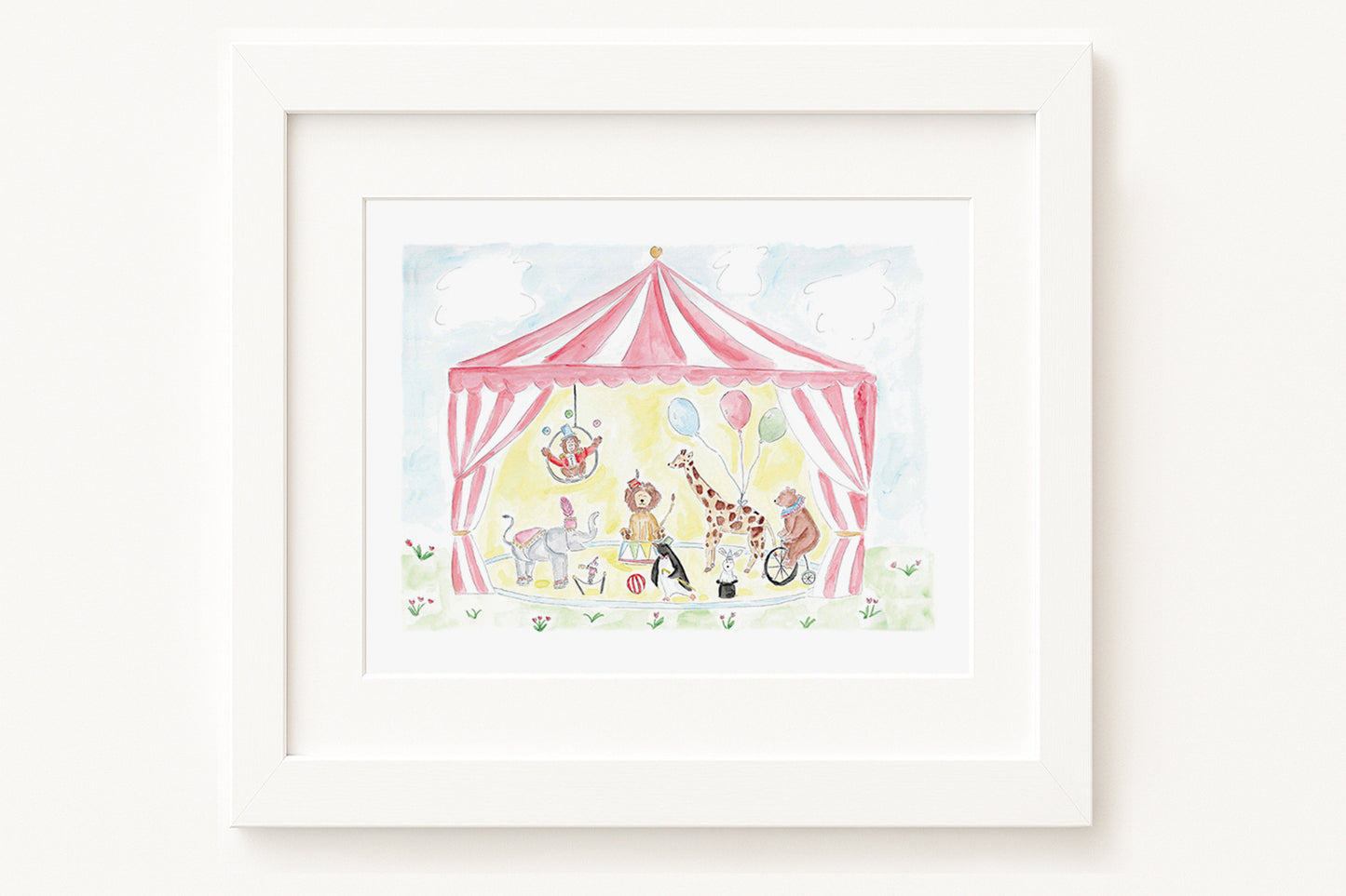 pink circus tent with whimsical animals art print framed