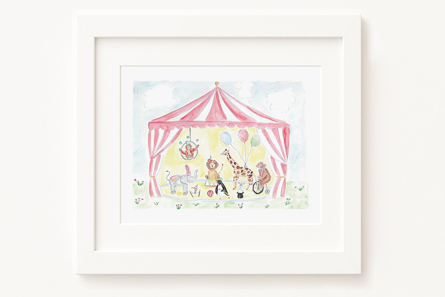 pink circus tent with whimsical animals art print framed