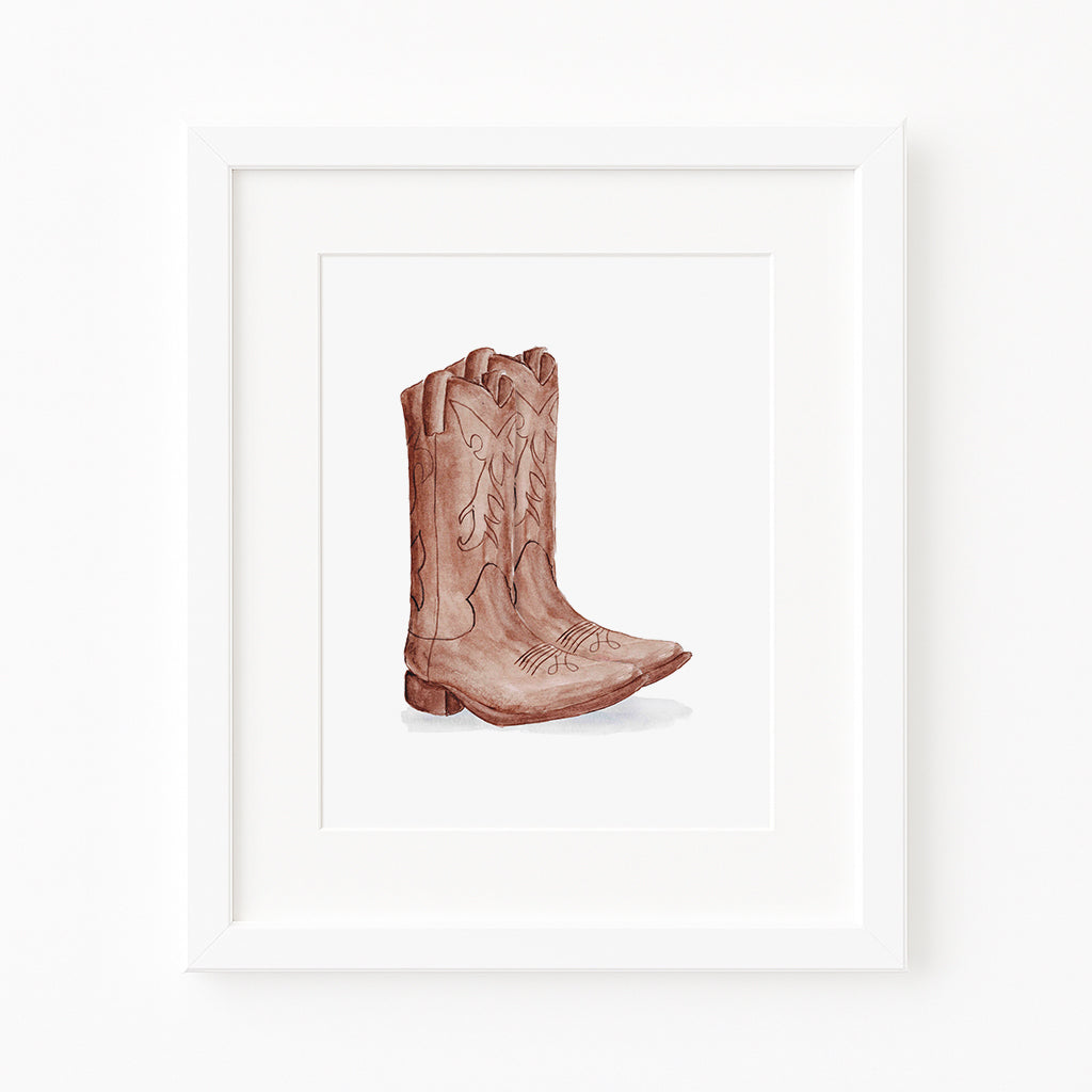 framed watercolor brown cowboy boots