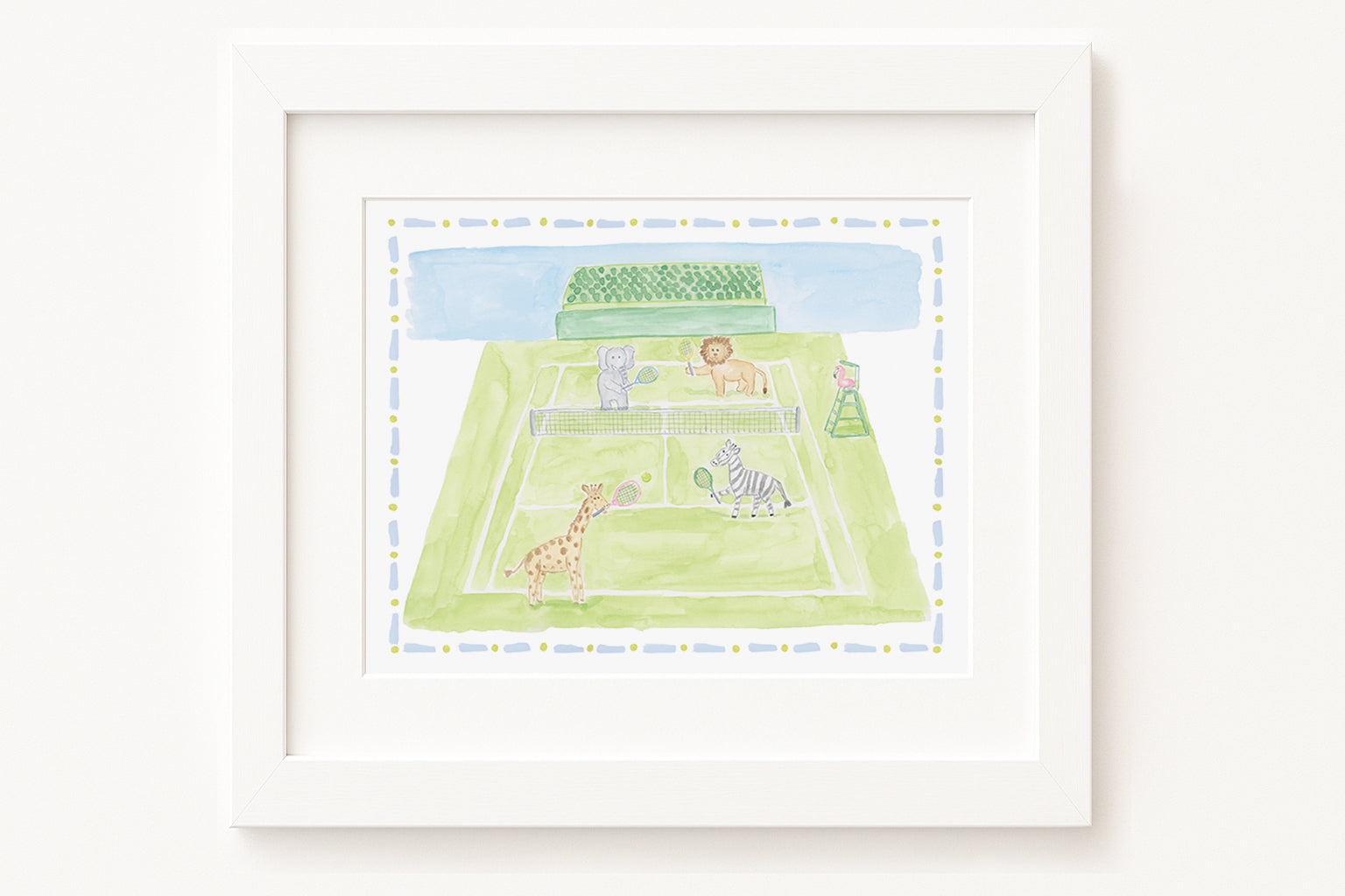 Framed illustration of a children's play area with animals on a white background