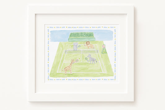 Framed illustration of a children's play area with animals on a white background