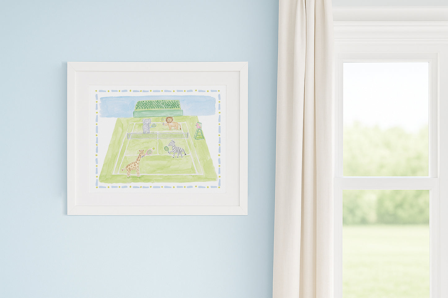 framed tennis artwork for children in a nursery